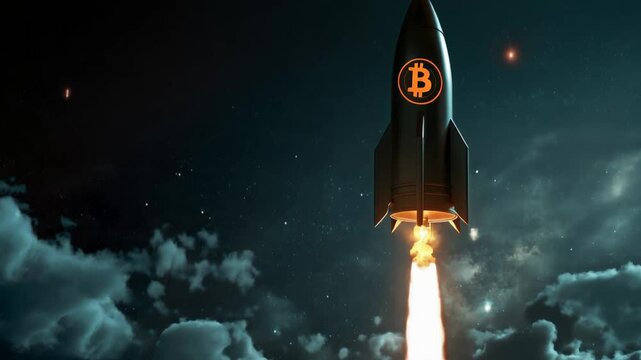 Bitcoin cryptocurrency coin flying out of a rocket.