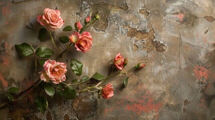 Aged miniature roses on rustic backdrop