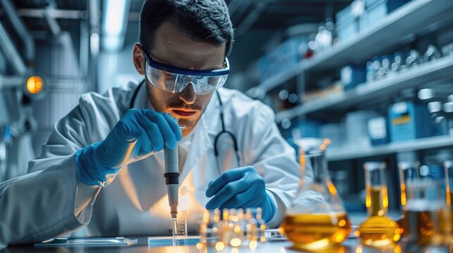 Professional health care male researcher working in life of medical science laboratory