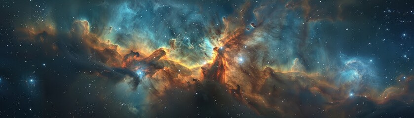 Vivid depiction of a stellar nebula swirling in colorful clouds of cosmic dust and gas against the backdrop of deep space.