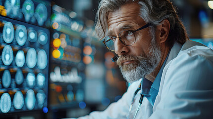 Caucasian elderly senior man doctor and scientist is researching data on computer in technology science laboratory