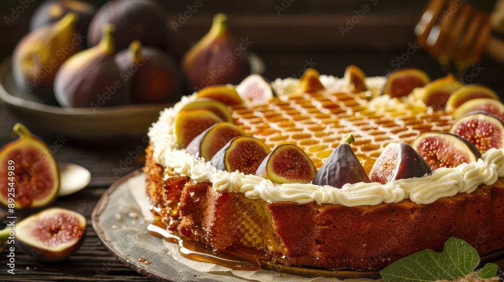 Fototapete rustic fig and honeycomb cake with fresh figs on a warm honey background, cozy and inviting for autumnal text