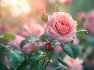 Rose in summer garden, pink petals, lush floral scene, creative banner, gentle sunlight, clear copyspace, natural charm