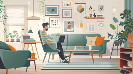 A cozy work-from-home office with a child. A working mother uses her laptop at the kitchen table, creating a warm freelance workspace. The scene captures a happy female entrepreneur