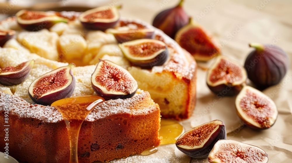 Fototapete rustic honey and fig cake with fig slices on a soft tan background, inviting and perfect for warm text