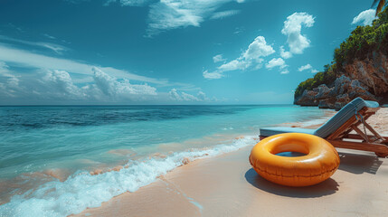 Obraz premium Blue beach chair and yellow rubber ring on the sand beach and sea with cloud and blue sky. Summer vacation and holiday