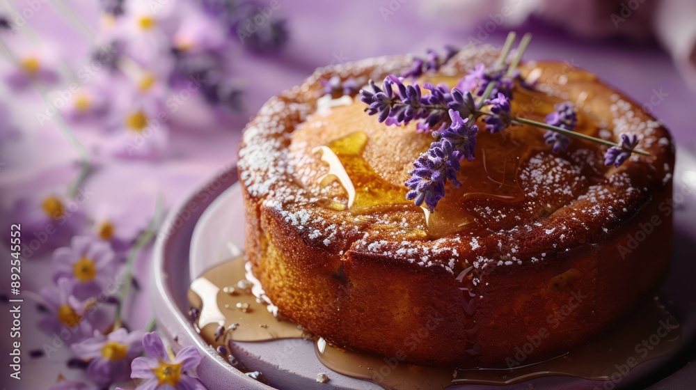 Fototapete rustic lavender and honey cake with lavender sprigs on a soft purple background, inviting and perfec