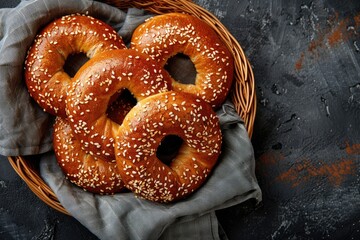A basket of sesame seed bagels sits on a counter. The bagels are all different sizes and are arranged in a neat row. The basket is made of wicker and is placed on a gray cloth