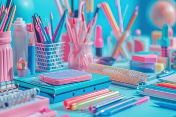 A colorful collection of stationery, including pens, pencils, markers, and notebooks, arranged on a blue surface.