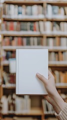 Hand holding a blank white book cover in a bookstore