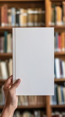 Hand holding a blank white book cover in a bookstore