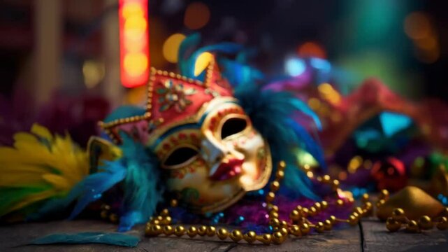 Carnival mask with colorful beads on the street in Venice, Italy. Mardi Gras background.