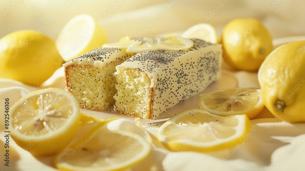 Fototapete rustic lemon and poppy seed cake with lemon slices on a soft yellow background, refreshing and perfect for spring text