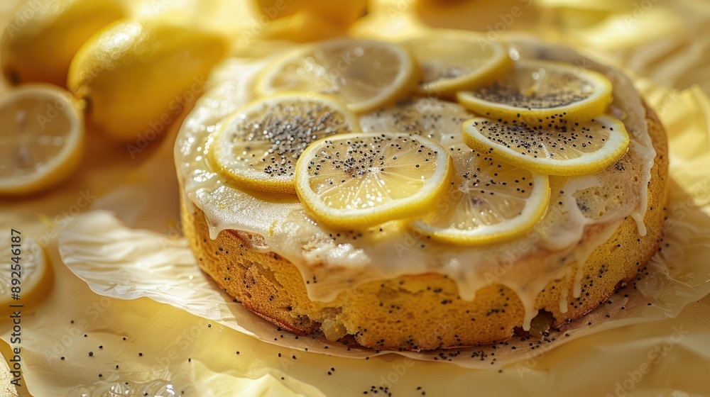 Fototapete rustic lemon and poppy seed cake with lemon slices on a soft yellow background, refreshing and perfe