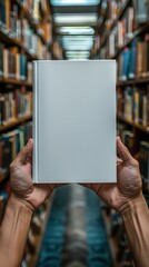 Hand holding a blank white book cover in a bookstore
