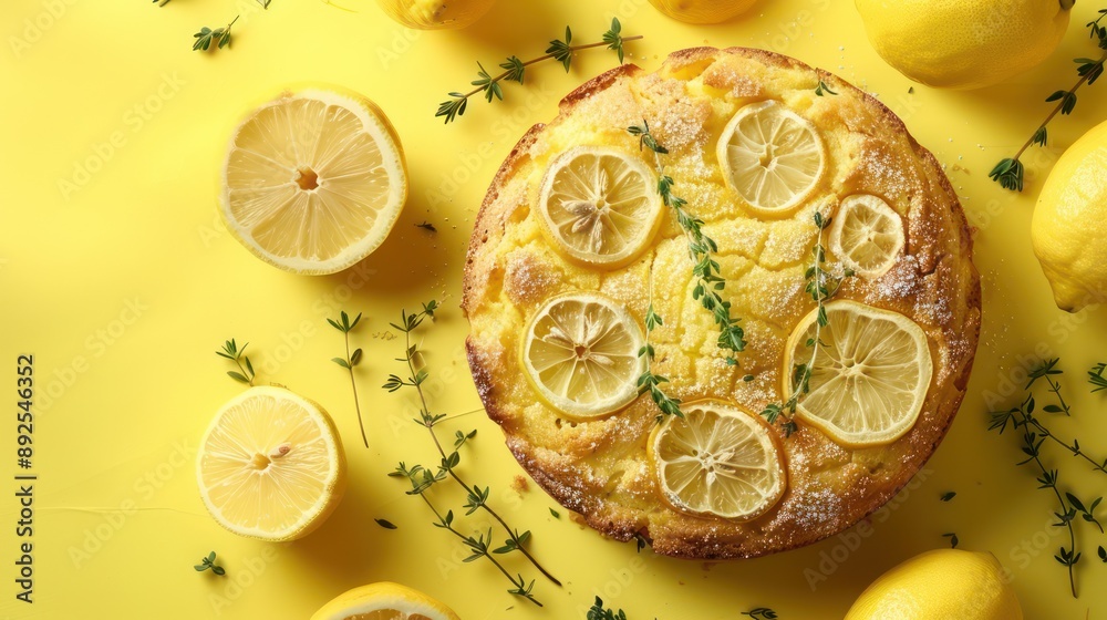 Fototapete rustic lemon and thyme cake on a vibrant citrus yellow background, refreshing and perfect for lively text