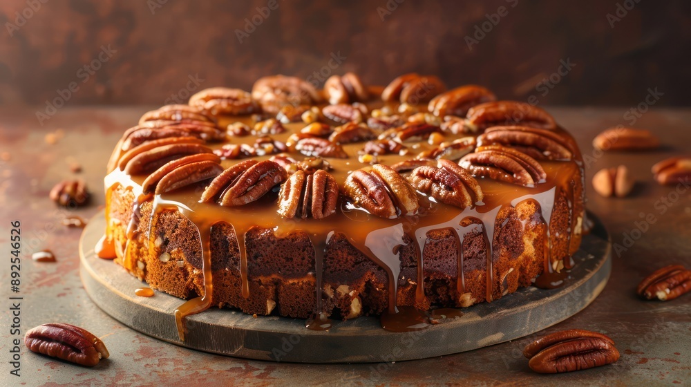Fototapete rustic maple and pecan cake with a caramel drizzle on a warm brown background, cozy and perfect for inviting text
