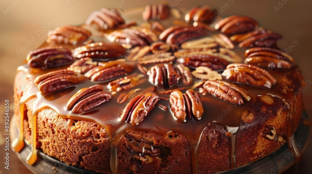 Fototapete rustic maple and pecan cake with a caramel drizzle on a warm brown background, cozy and perfect for inviting text