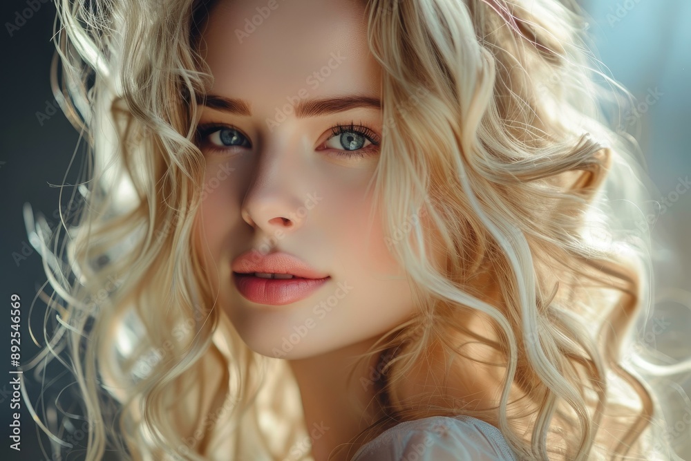 Poster Close-up portrait of a young woman with stunning blue eyes and luscious curls