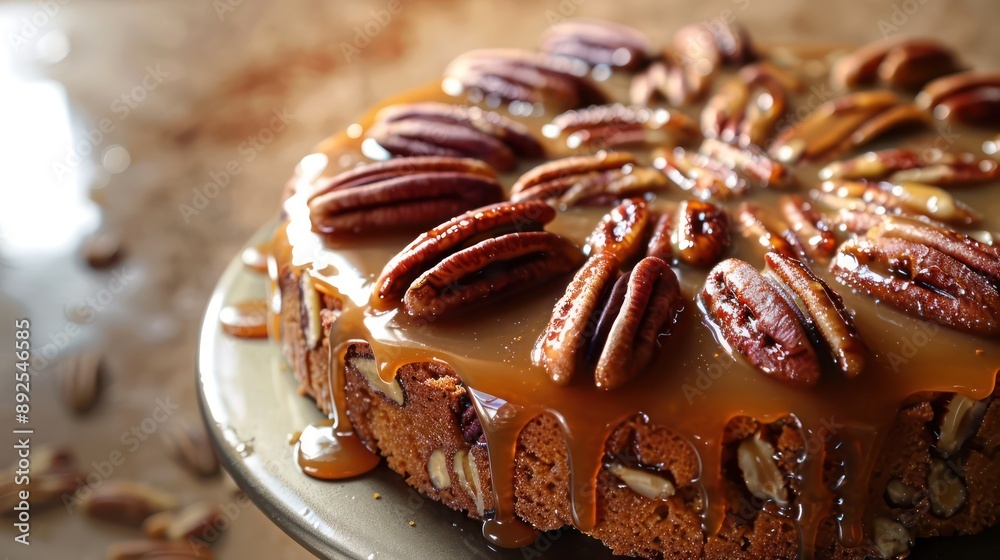 Fototapete rustic maple and pecan cake with a caramel drizzle on a warm brown background, cozy and perfect for inviting text