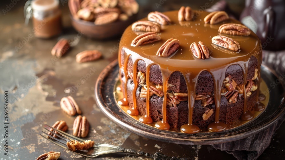 Fototapete rustic maple pecan cake with caramel drizzle on a deep chocolate brown background, cozy and inviting for text
