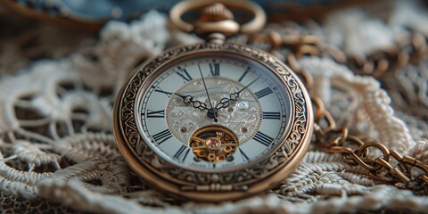 Antique pocket watch on lace fabric
