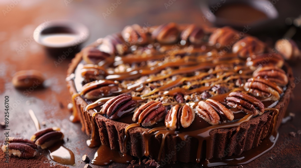 Fototapete rustic maple pecan cake with caramel drizzle on a deep chocolate brown background, cozy and inviting
