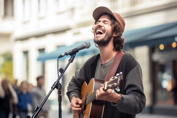 street performer singing on a busy sidewalk