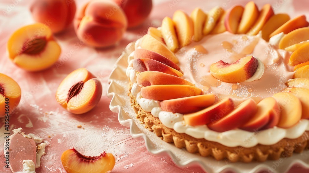 Fototapete rustic peach and cream cake with fresh peach slices on a peach background, cozy and inviting for summer text