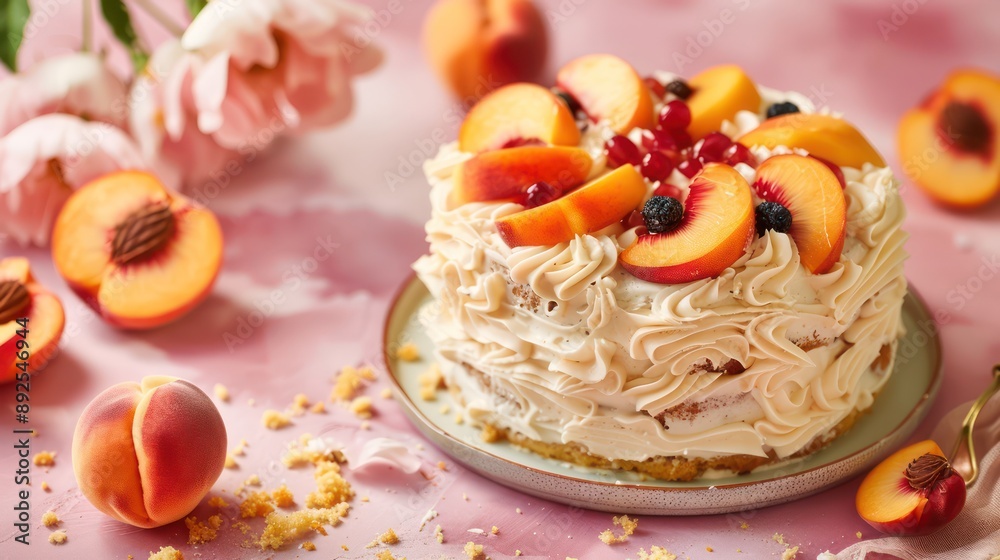 Fototapete rustic peach and cream cake with fresh peach slices on a peach background, cozy and inviting for summer text