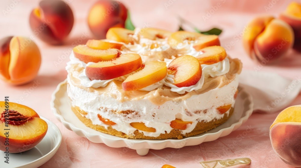 Fototapete rustic peach and cream cake with fresh peach slices and whipped cream on a peach background, cozy and inviting for summer gatherings