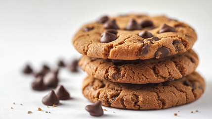 Stack of chocolate chip cookies with scattered chips on a white surface, highlighting their texture and delicious appeal.