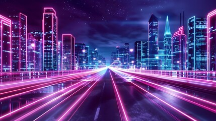abstract neon background glowing ultraviolet vertical lines cyber space urban scene in virtual reality empty street in fantastic city skyscrapers under the night sky