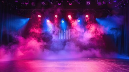 Empty stage with colorful spotlights. Scene lighting effects and smoke