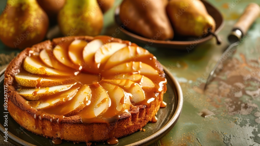 Fototapete rustic pear and caramel cake with caramel drizzle on a warm pear green background, cozy and inviting for comforting text