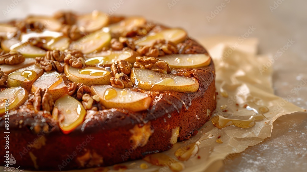 Fototapete rustic pear and walnut cake with a honey drizzle on a warm beige background, inviting and ideal for 