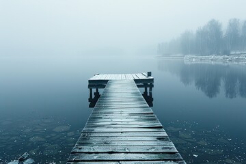 Obraz premium A wooden pier is in front of a body of water. The water is calm and the sky is overcast