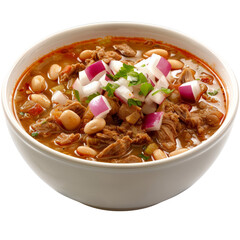 Isolated Bowl of Pozole with Meat, Beans, and Toppings Without Background