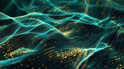 Vibrant mesh of aqua and gold lines on a dark canvas, perfect for sleek and modern text overlays