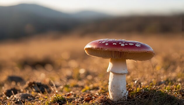 Mushroom in a field during sunset