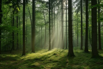 Obraz premium Enchanting Beautiful trees in forest at morning. Scene nature color beauty. Generate Ai