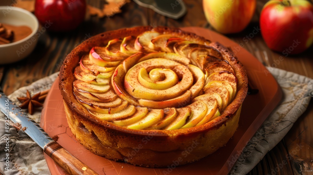Fototapete rustic spiced apple cake with cinnamon swirl on a warm terra cotta background, inviting and perfect for autumnal text