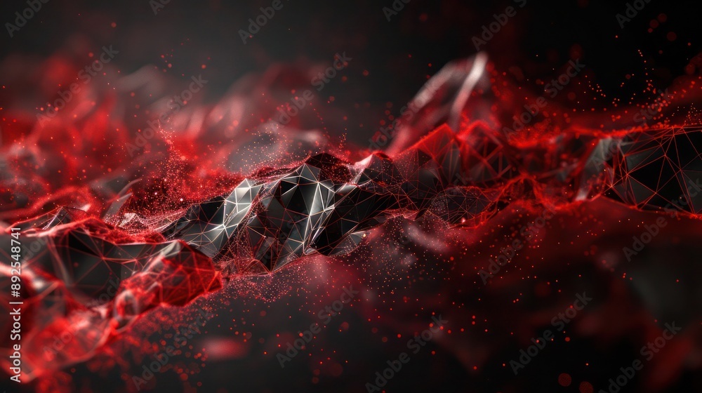 Wall mural vibrant red and black plexus with dynamic flow, text space allocated on the lower right