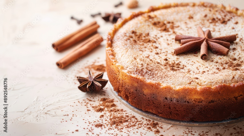 Fototapete rustic spiced chai latte cake with a cinnamon dusting on a soft beige background, cozy and perfect for inviting text