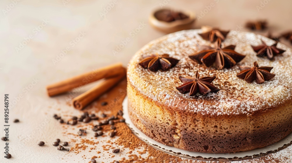 Fototapete rustic spiced chai latte cake with a cinnamon dusting on a soft beige background, cozy and perfect f