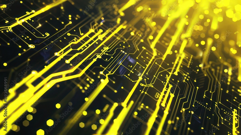 Wall mural vibrant yellow and black plexus pattern, simulating an electric circuit board ideal for dynamic text