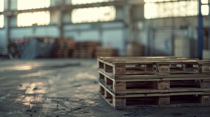 Industrial scene  blurred wooden pallet stack viewed from behind, realistic photo