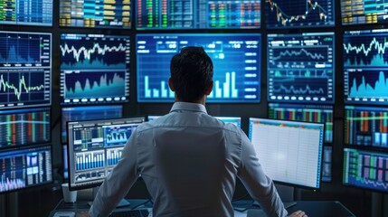 A businessman checking financial charts on multiple monitors, making investment decisions.