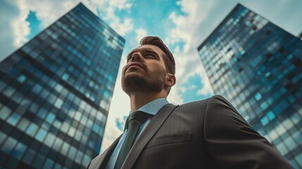 Fototapeta premium A businessman standing in front of a skyscraper, looking confident and successful.