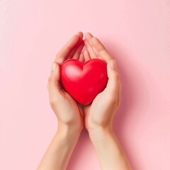Obraz premium Hands holding a red heart against a pink background. For concepts of love, care, support, and Valentine's Day themed designs and campaign